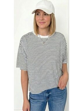 LA MIEL The Coastal Shoreline Boxy Tee in White Summer Stripe Size Small NEW